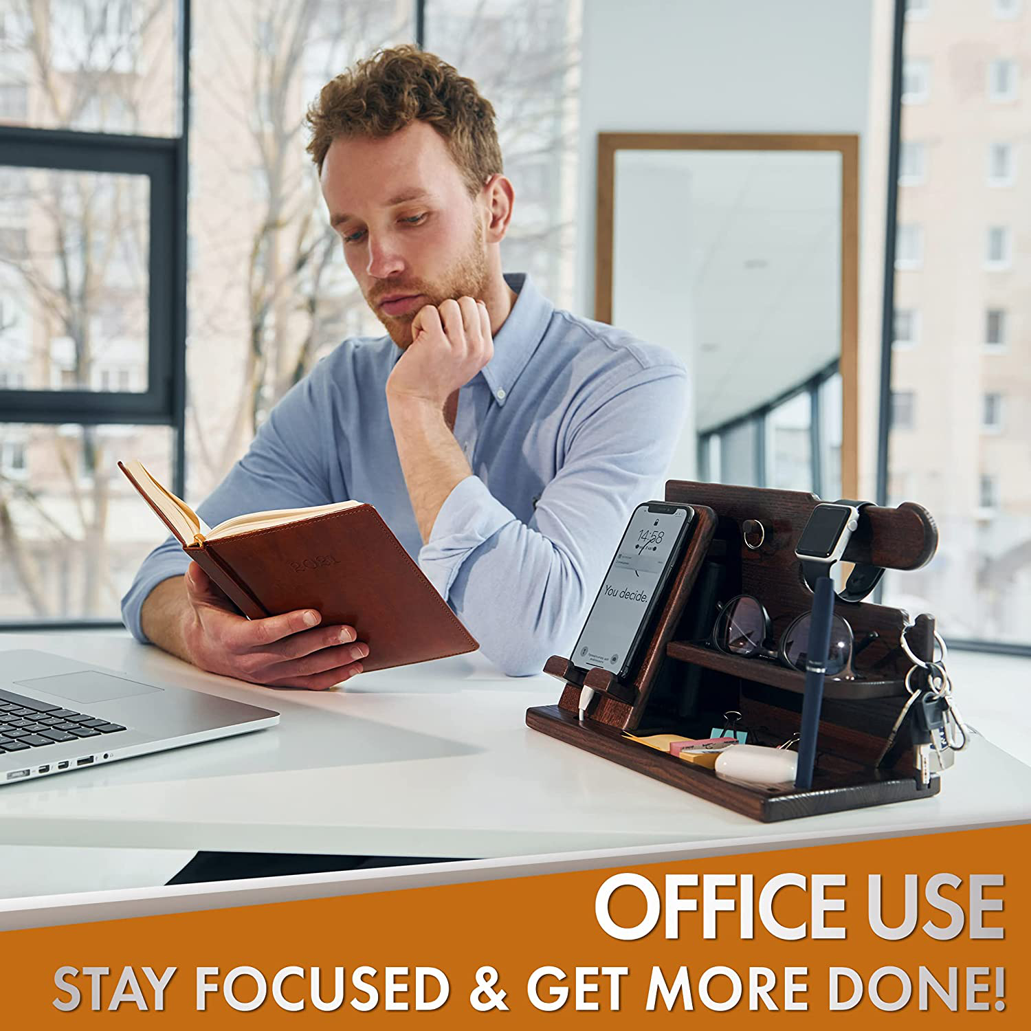 TESLYAR Wood Phone Docking Station Ash Key Holder Wallet Stand Watch Organizer Men Gift Husband Wife Anniversary Dad Birthday Nightstand Purse Father Graduation Male Travel Idea Gadgets