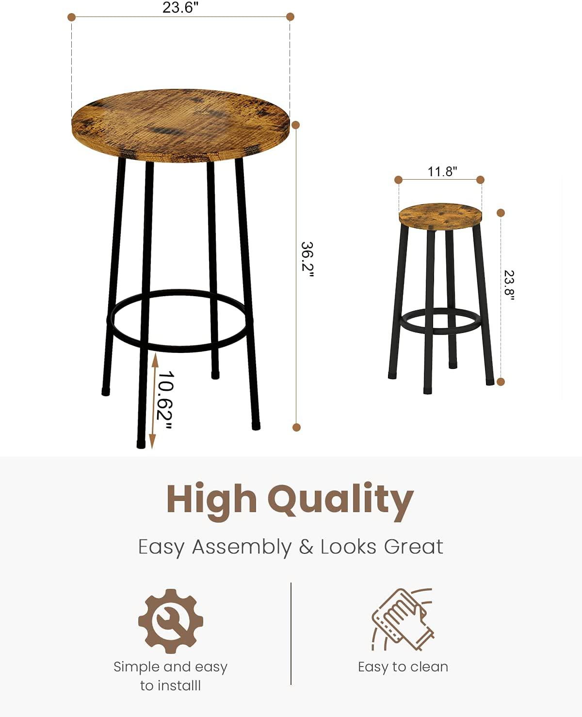 Recaceik 3 Piece Pub Dining Set, Modern round Bar Table and Stools for 2 Kitchen Counter Height Wood Top Bistro Easy Assemble for Breakfast Nook Living Room Small Space Restaurant, Rustic Brown 23
