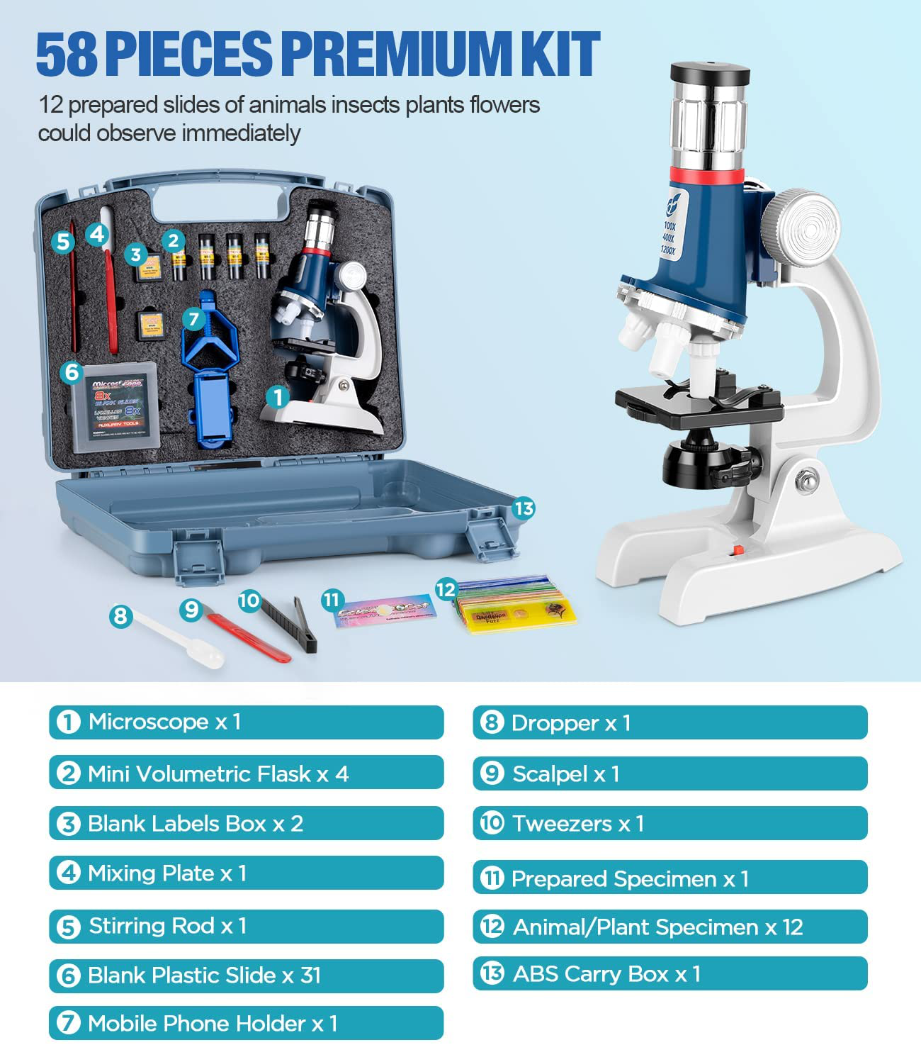 58-Pcs Microscope Kit for Kids 8-12, 100X-1200X Kids Microscope with Metal Body Microscope, Carrying Box, LED Light, Science Experiments Kit Toys for Kids 3-5 5-7 8 9 10 Christmas Birthday Gift 2021