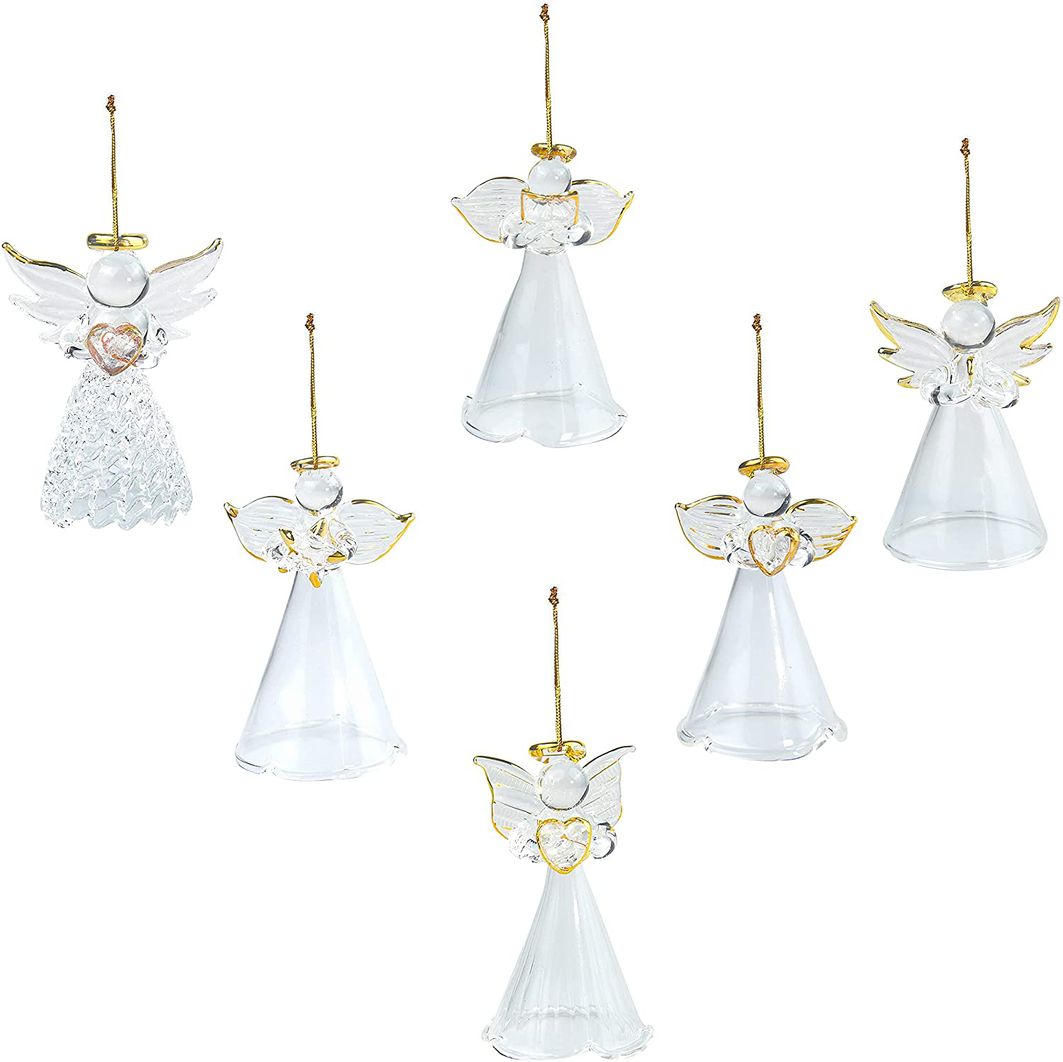4E'S Novelty Glass Angel Ornaments for Christmas Tree (Set of 12) Assortment of 6 Designs - 2.5 Inch Clear Spun Glass Religious Angel