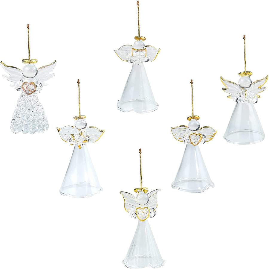 4E'S Novelty Glass Angel Ornaments for Christmas Tree (Set of 12) Assortment of 6 Designs - 2.5 Inch Clear Spun Glass Religious Angel