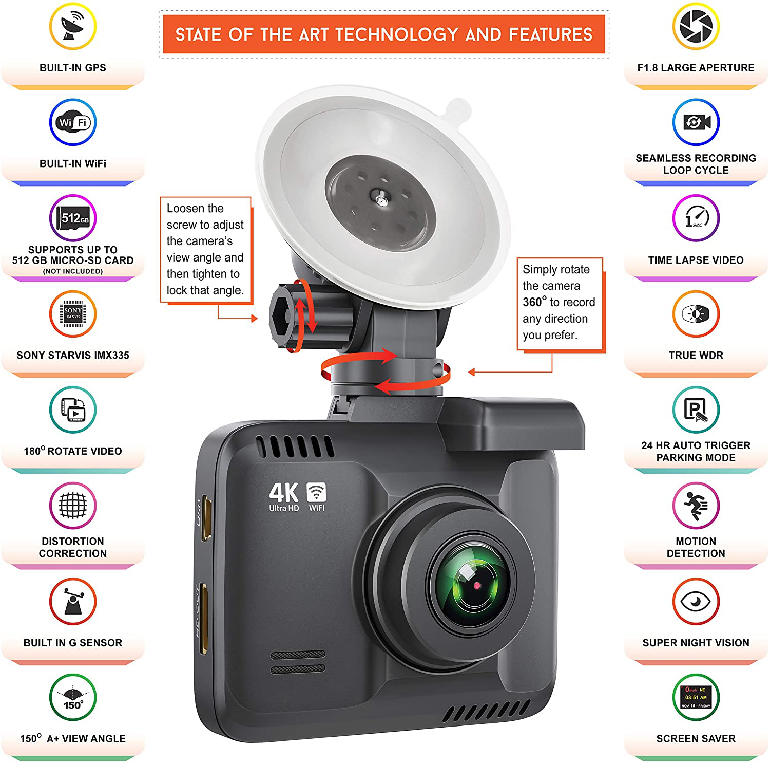 Rove R2-4K Dash Cam Built in Wifi GPS Car Dashboard Camera Recorder with UHD 2160P, 2.4" LCD, 150° Wide Angle, WDR, Night Vision