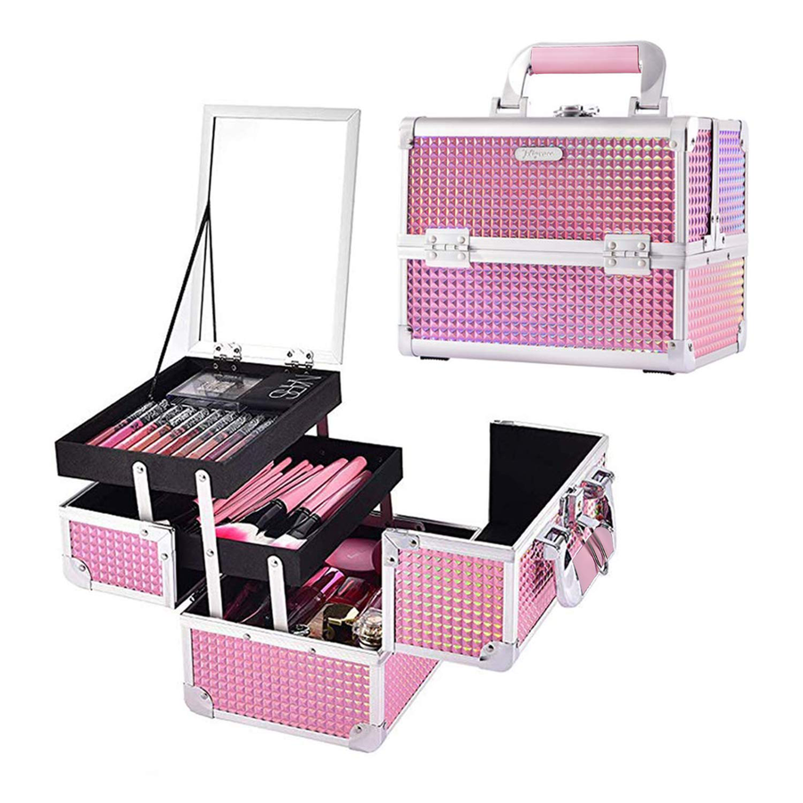 Joligrace Makeup Train Case Portable Cosmetic Box Jewelry Organizer Lockable with Keys and Mirror 2-Tier Trays Carrying with Handle Makeup Storage Box - Mermaid Pink
