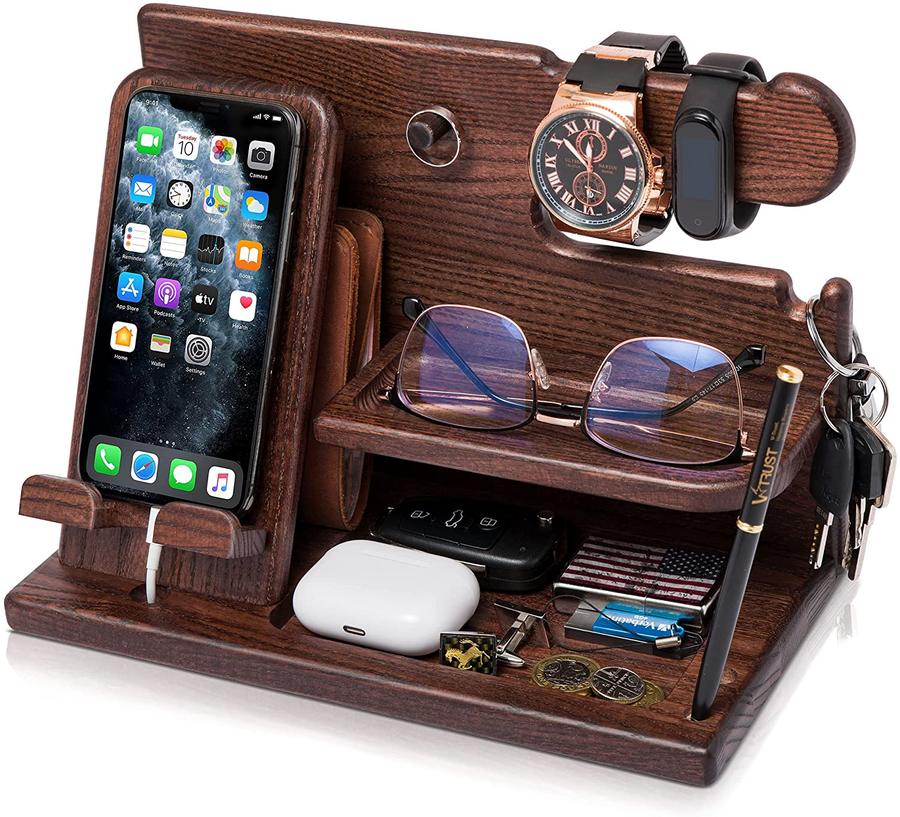 TESLYAR Wood Phone Docking Station Ash Key Holder Wallet Stand Watch Organizer Men Gift Husband Wife Anniversary Dad Birthday Nightstand Purse Father Graduation Male Travel Idea Gadgets