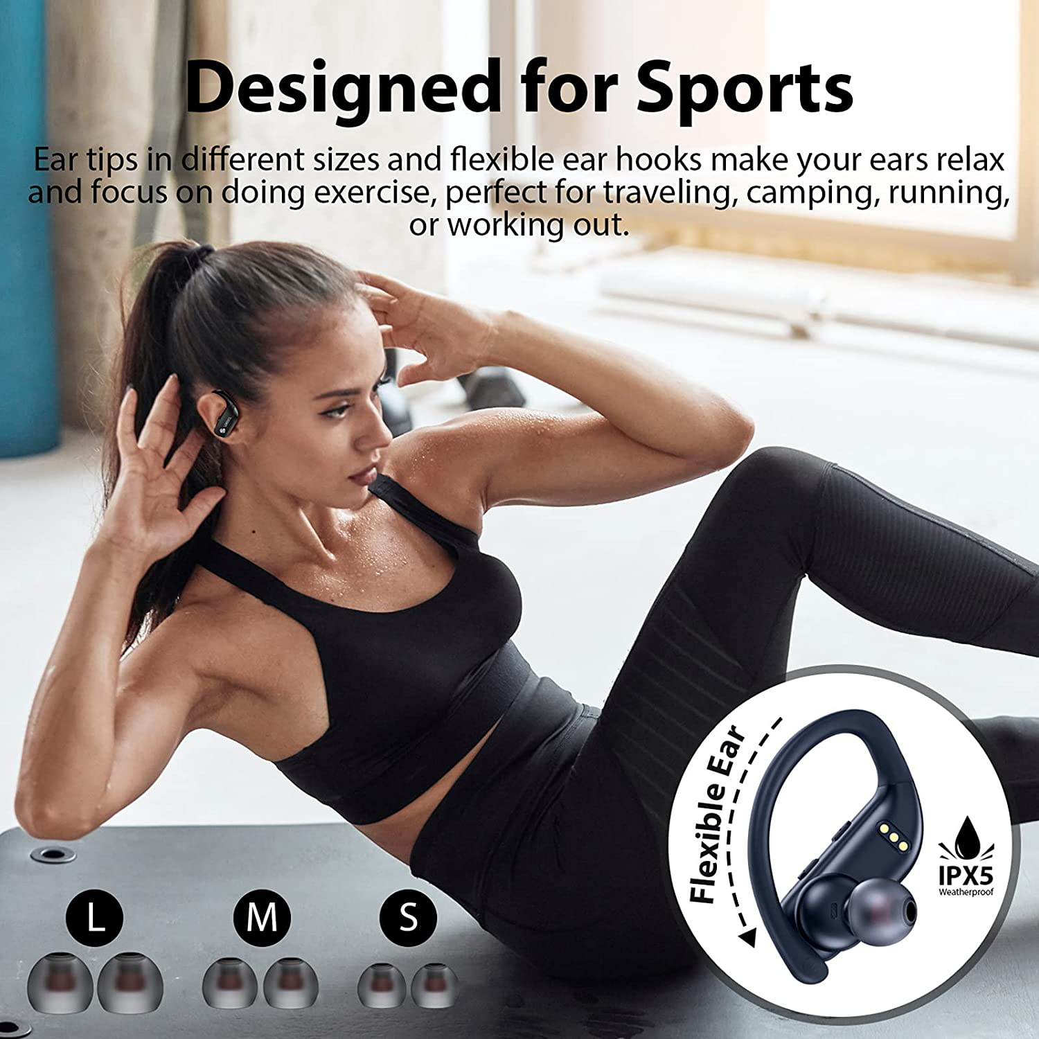 Wireless Earbuds Bluetooth Headphones 48Hrs Play Back Sport Earphones with LED Display Over-Ear Buds with Earhooks Built-In Mic Headset for Workout Black BMANI-VEAT00L