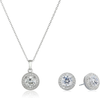 Collection Sterling Silver Cubic Zirconia Halo Pendant Necklace and Stud Earrings Jewelry Set