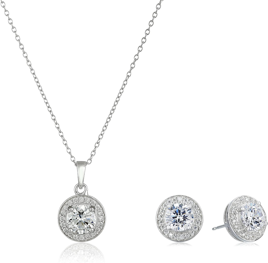 Collection Sterling Silver Cubic Zirconia Halo Pendant Necklace and Stud Earrings Jewelry Set