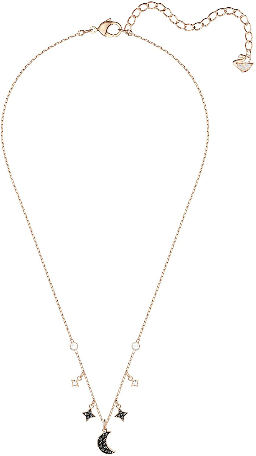 Swarovski Symbolic Moon Necklace with a Black Crystal Pavé Moon and Black and White Crystal Studded Star Charms on a Gold-Tone Plated Chain