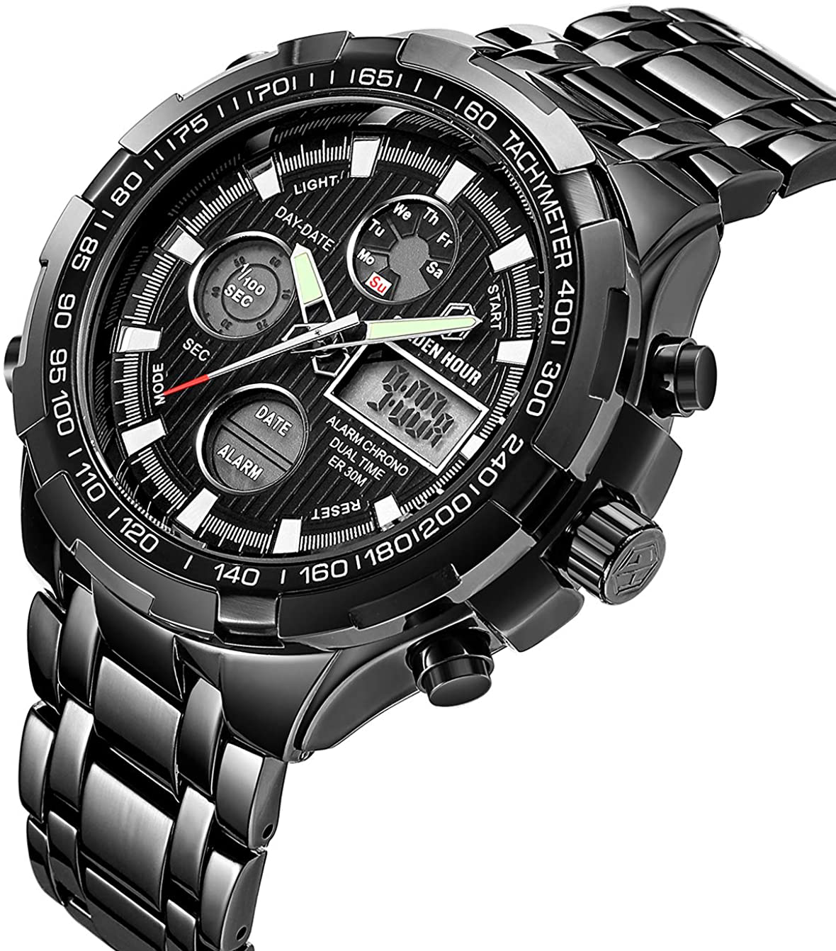 GOLDEN HOUR Luxury Stainless Steel Analog Digital Watches for Men Male Outdoor Sport Waterproof Big Heavy Wristwatch