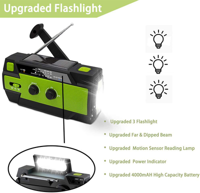 【2021 Newest】 Emergency Solar Hand Crank Portable Weather Radio, with AM FM NOAA, 3 LED Flashlights, Motion Sensor, Reading Lamp, SOS Alarm, 4000Mah Rechargeable Battery USB Charger (Green)