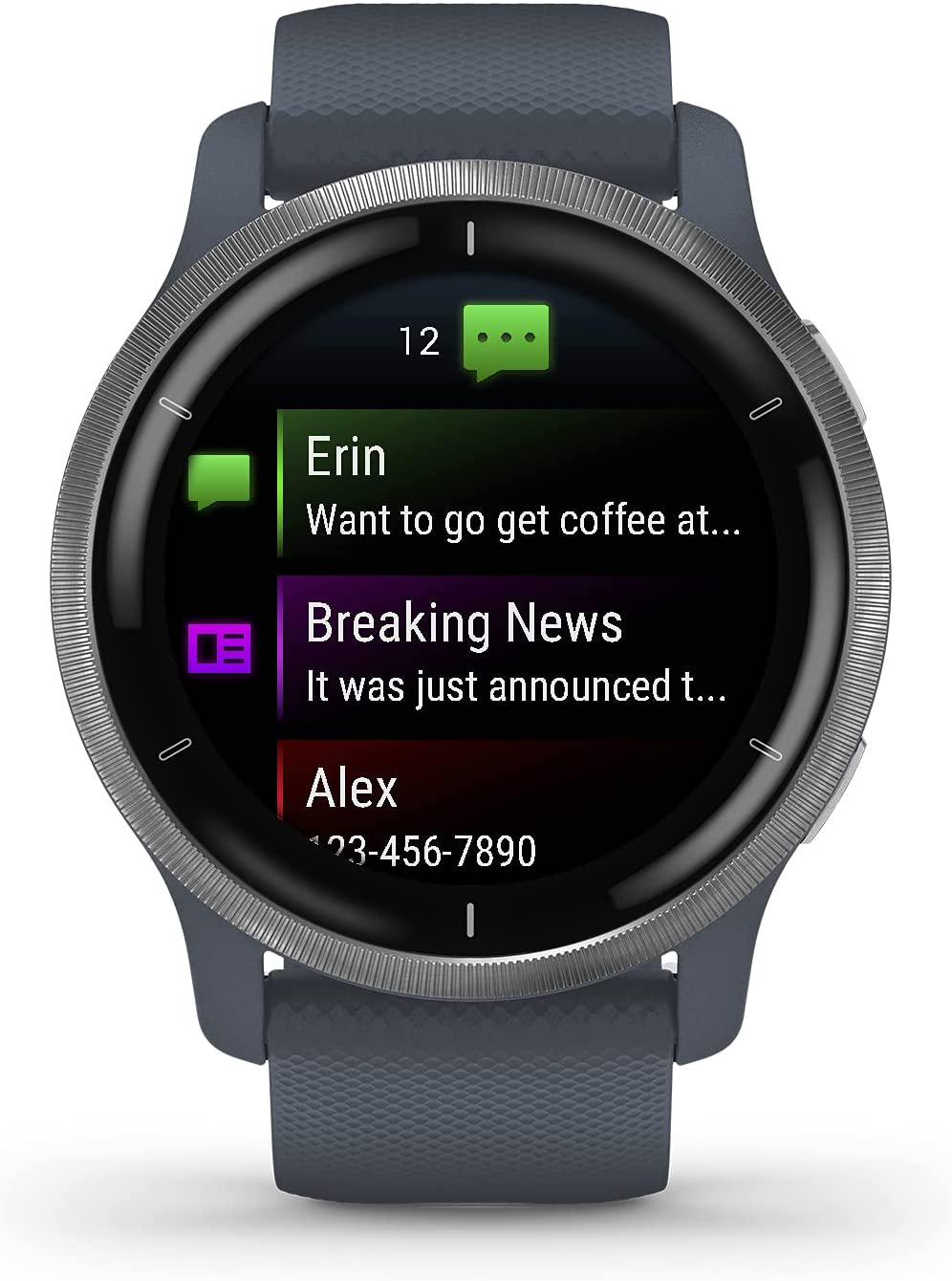 Garmin Venu 2, GPS Smartwatch with Advanced Health Monitoring and Fitness Features, Silver Bezel with Graniteblue Case and Silicone Band