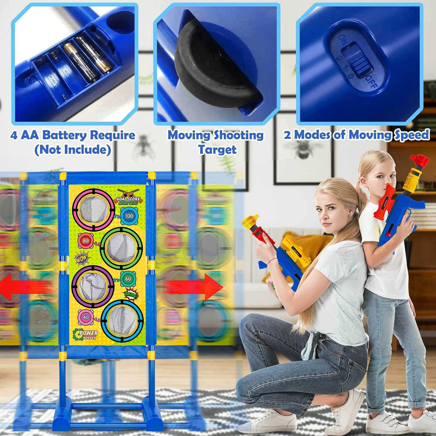 Moving Shooting Games Toy for Age 5 6 7 8 9 10 and up Years Old Boys, 24 Foam Balls & 2Pk Foam Ball Popper Air Toy Guns with Electronic Running Standing Shooting Target, Ideal Gifts Indoor Outdoor Toy