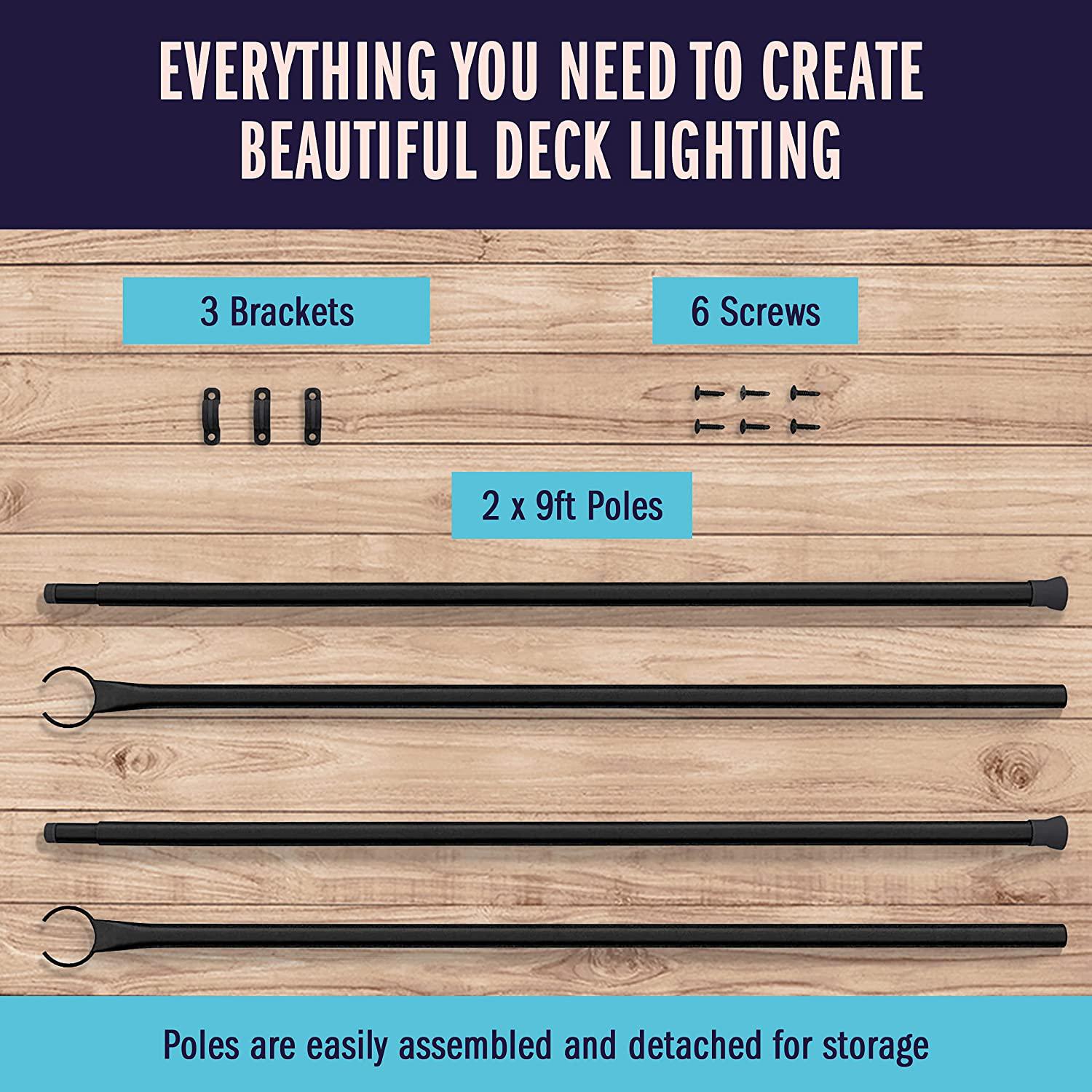 Holiday Styling String Light Poles for Outdoor String Lights - Set of 2 Christmas Light Poles, 110 Inch Pole & Bracket Kit for Deck or Patio Railing - outside Hangers & Hooks for Backyard LED Lights