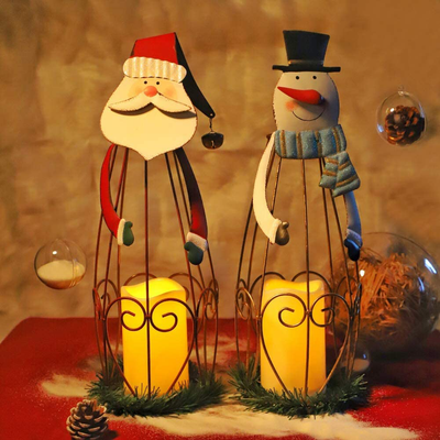 Mortime 2 Pack Christmas Candle Lantern with LED Lights, Metal Lighted Santa Claus Lanterns for Christmas Holiday Home Decorations