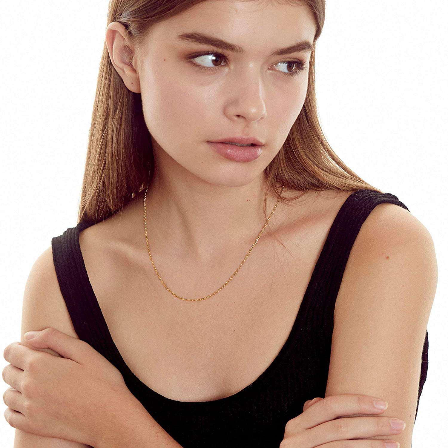 KISPER 24K Gold over Stainless Steel 1.5Mm Thin Cable Link Chain Necklace