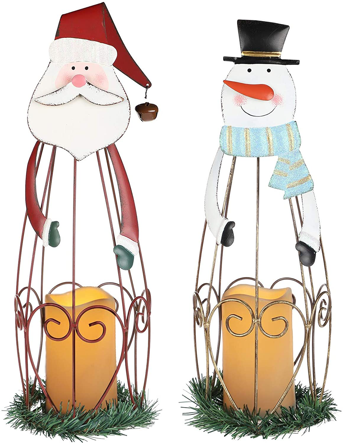 Mortime 2 Pack Christmas Candle Lantern with LED Lights, Metal Lighted Santa Claus Lanterns for Christmas Holiday Home Decorations