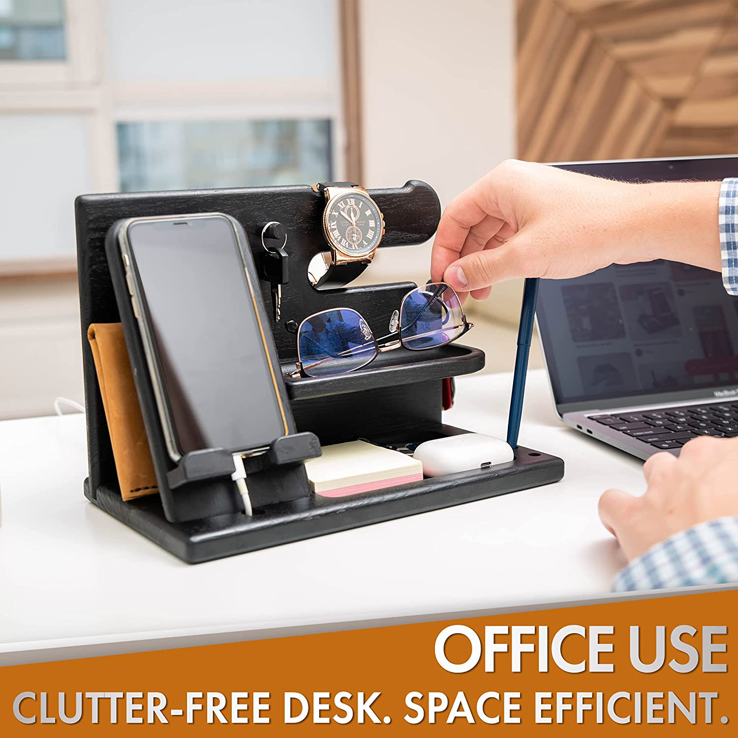 TESLYAR Wood Phone Docking Station Ash Key Holder Wallet Stand Watch Organizer Men Gift Husband Wife Anniversary Dad Birthday Nightstand Purse Father Graduation Male Travel Idea Gadget (Black)