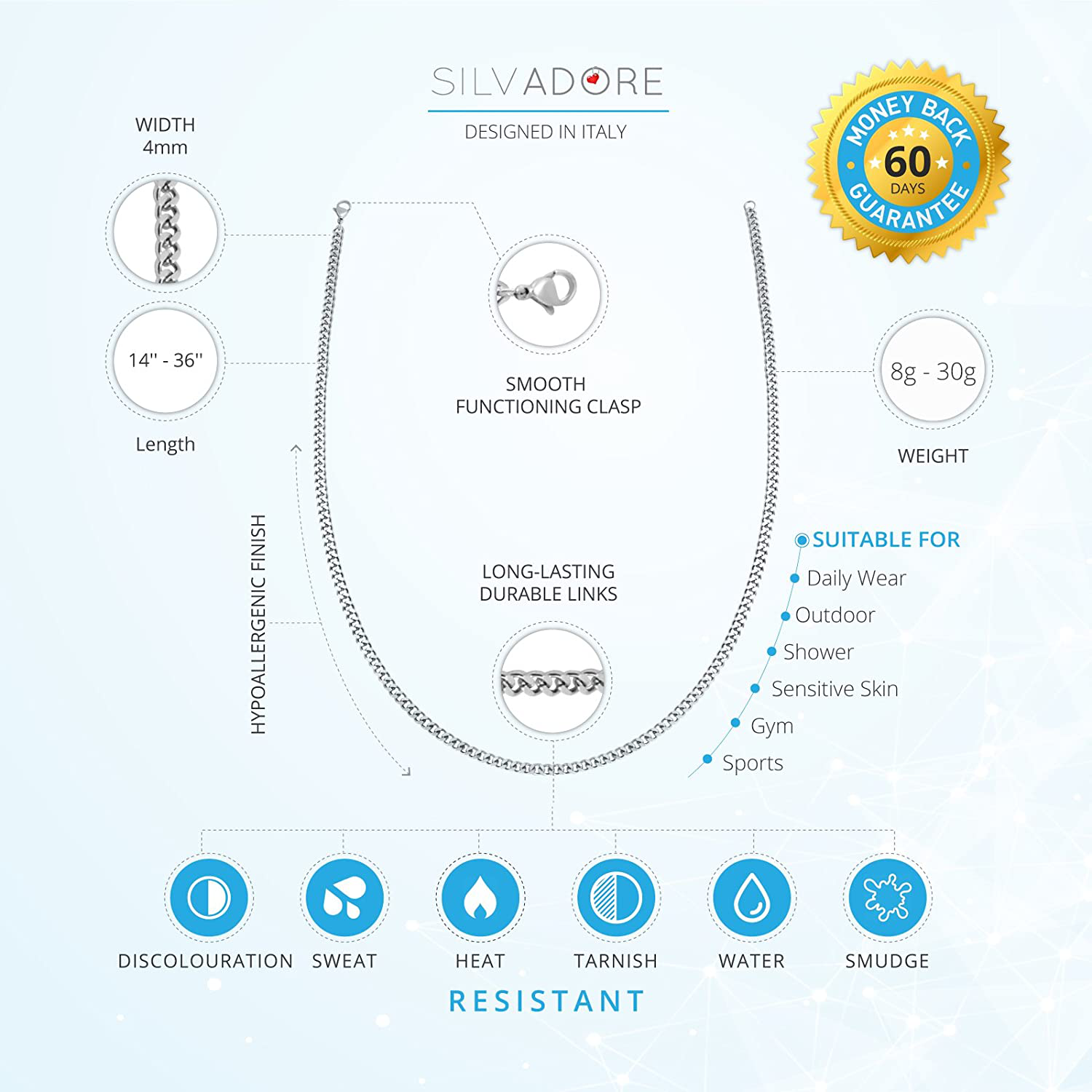 Silvadore 4Mm Curb Mens Necklace - Silver Chain Cuban Stainless Steel Jewelry - Neck Link Chains for Men Man Women Boys Male Military - 14" 16" 18" 20" 22" 24" 26" 36" Inch UK