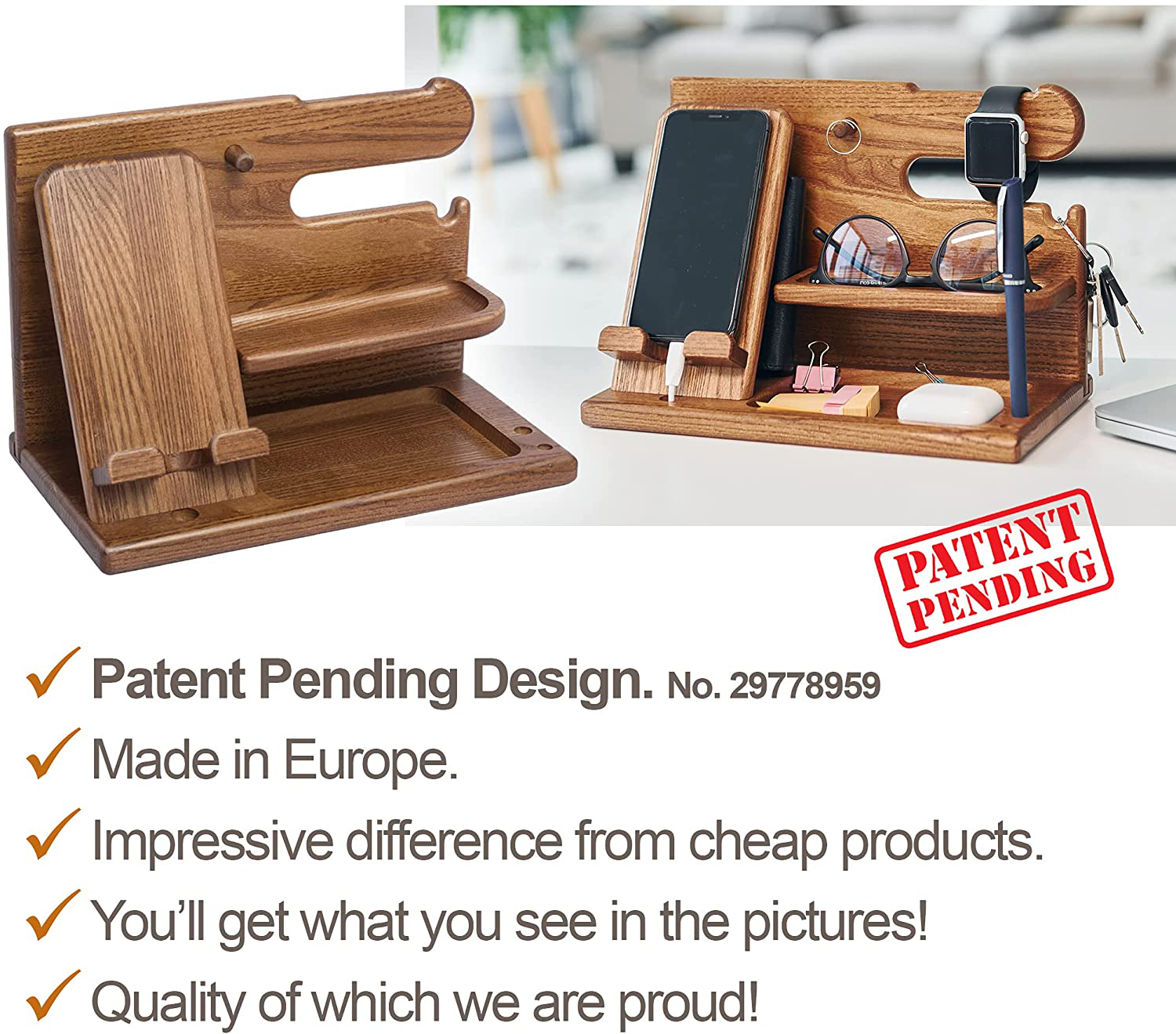 TESLYAR Wood Phone Docking Station Ash Key Holder Wallet Stand Watch Organizer Men Gift Husband Wife Anniversary Dad Birthday Nightstand Purse Father Graduation Male Travel Idea Gadgets