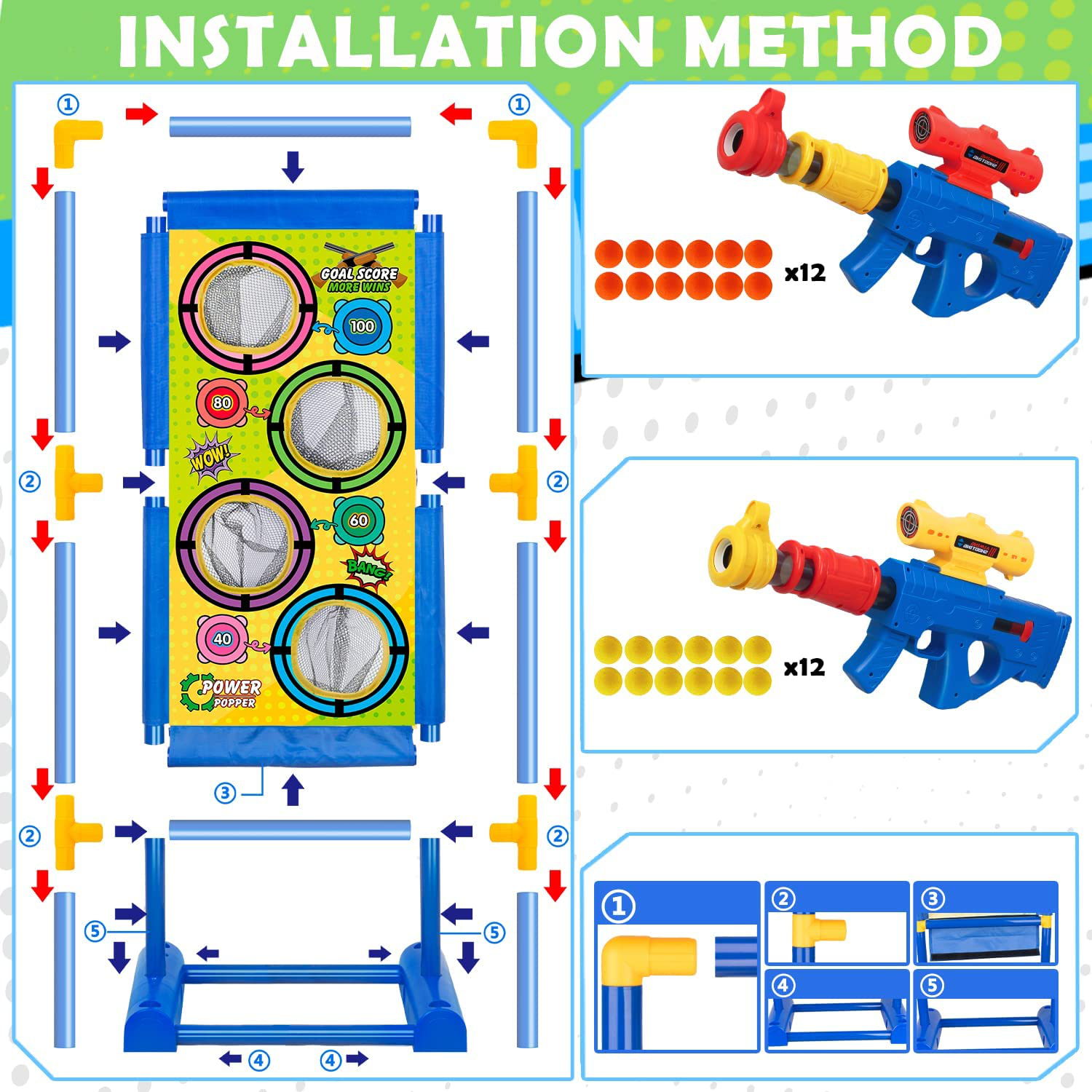 Moving Shooting Games Toy for Age 5 6 7 8 9 10 and up Years Old Boys, 24 Foam Balls & 2Pk Foam Ball Popper Air Toy Guns with Electronic Running Standing Shooting Target, Ideal Gifts Indoor Outdoor Toy