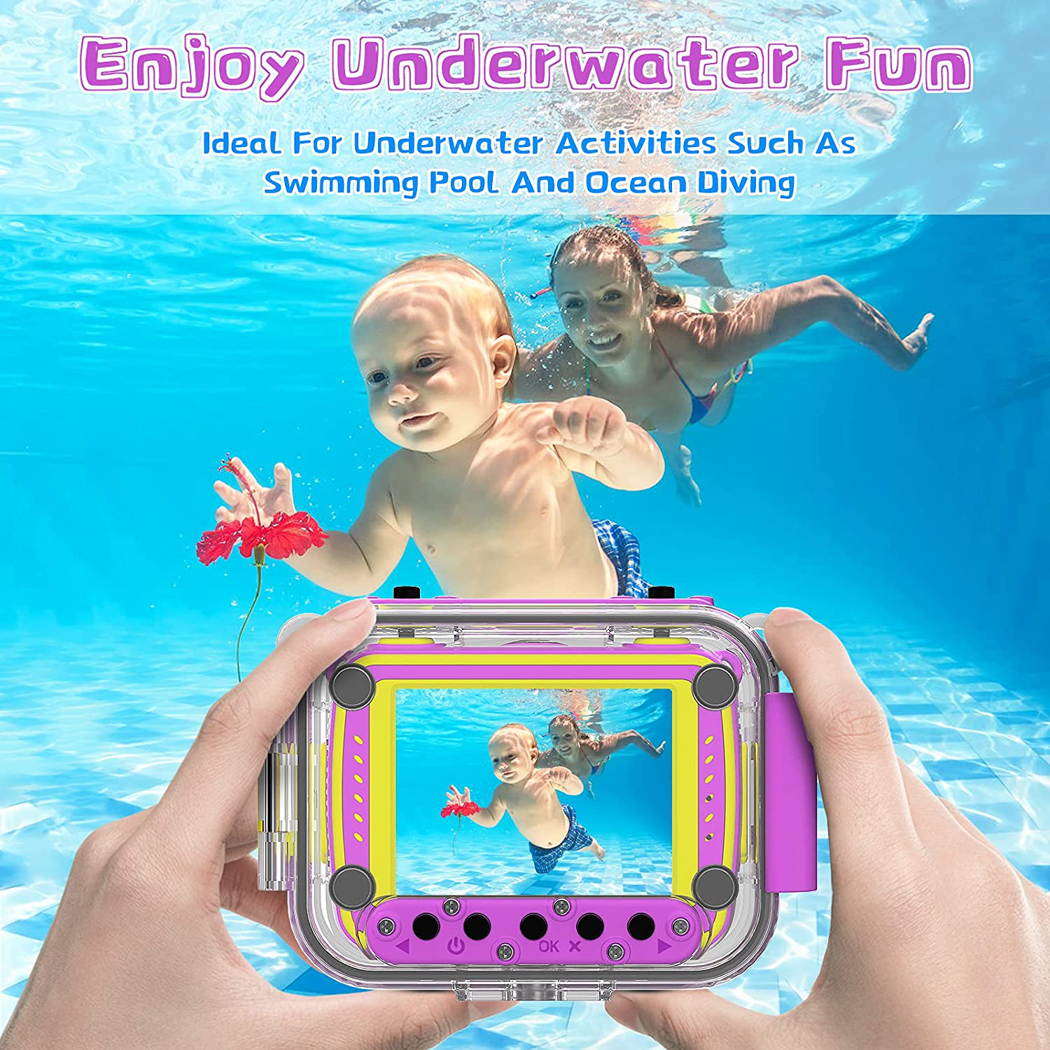 Ourlife Kids Waterproof Camera Gifts for Girls, 1080P HD Digital Video Camera with 2.4'' IPS Screen, Fill Lights, Children Selfie Underwater Camera Toy for Girls 6-15 with TF Card, Silicone Handle