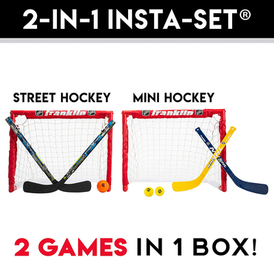 Franklin Sports Kids Folding Hockey 2 Goal Set - NHL - Street Hockey & Knee Hockey - Includes 2 Adjustable Hockey Sticks, 2 Knee Hockey Sticks, 2 Hockey Balls - 24 X 19 X 19 Inch Goal