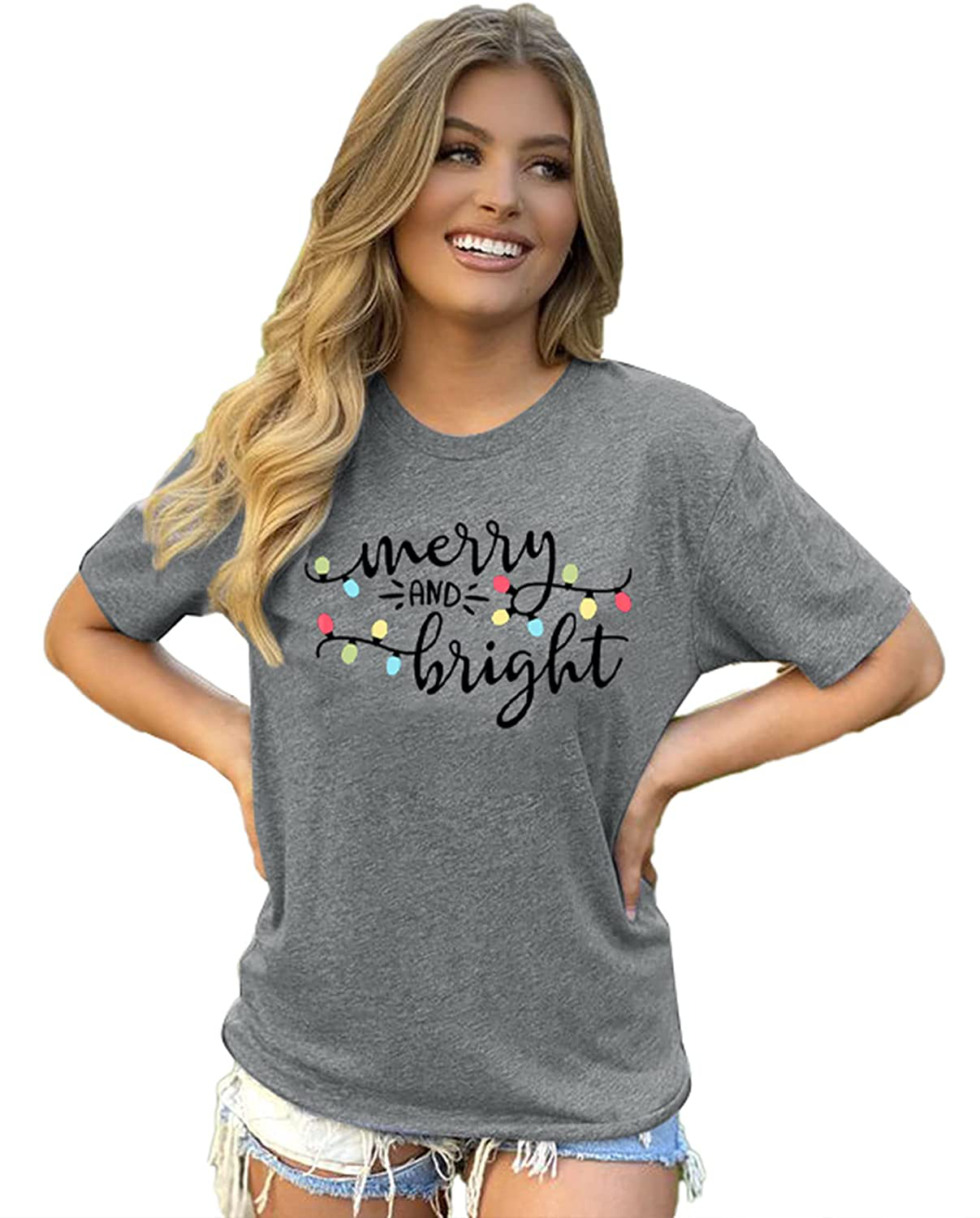 DUTUT Merry and Bright Christmas Lights T-Shirts Women Xmas Graphic Print Shirts Holiday Short Sleeve Tops Tees