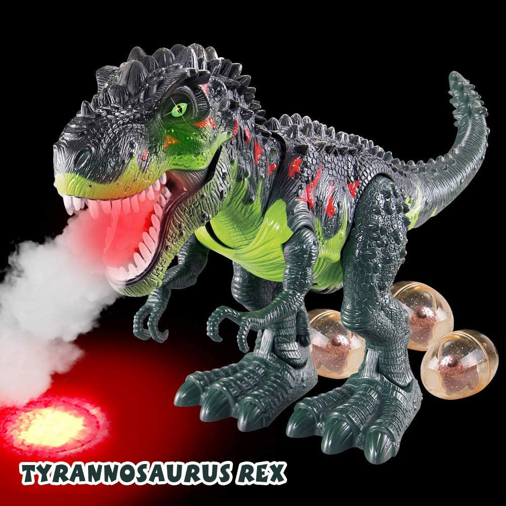 Electronic Walking Dinosaur T-Rex with Simulated Flame Spray Fire Breathing, Water Mist Spray, Laying Eggs, Light up Eyes, Roaring Sound, Realistic Tyrannosaurus, Toy for Boys Kids Girls Ages 3+