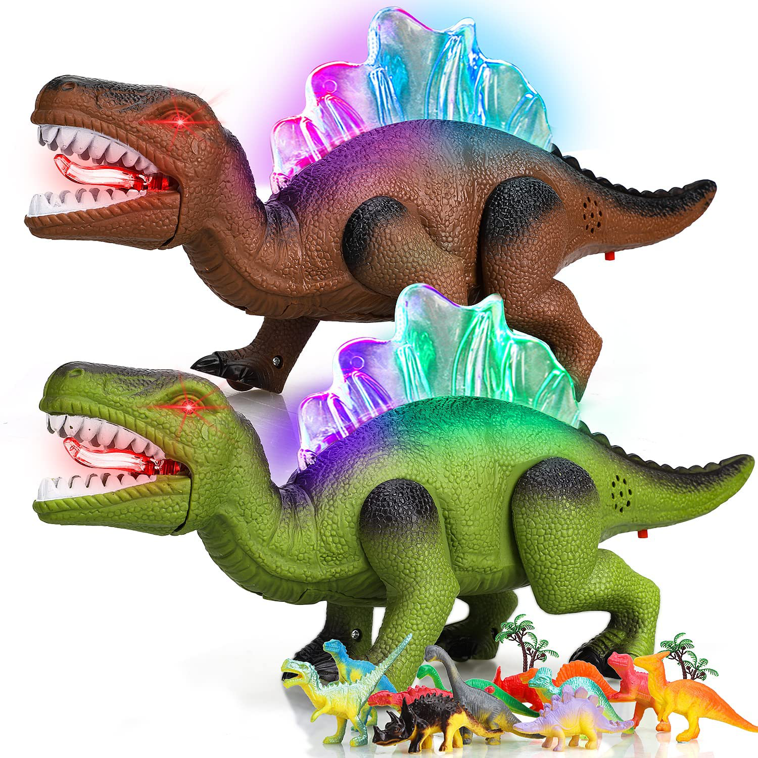 STEAM Life 2 Pack Walking Dinosaur Toys for Kids Green & Brown with 12 Pcs Mini Dinosaur Figures Mouth Moves Roars and Lights up - Electronic Dino Toys Dinosaur Toys for Boys and Girls