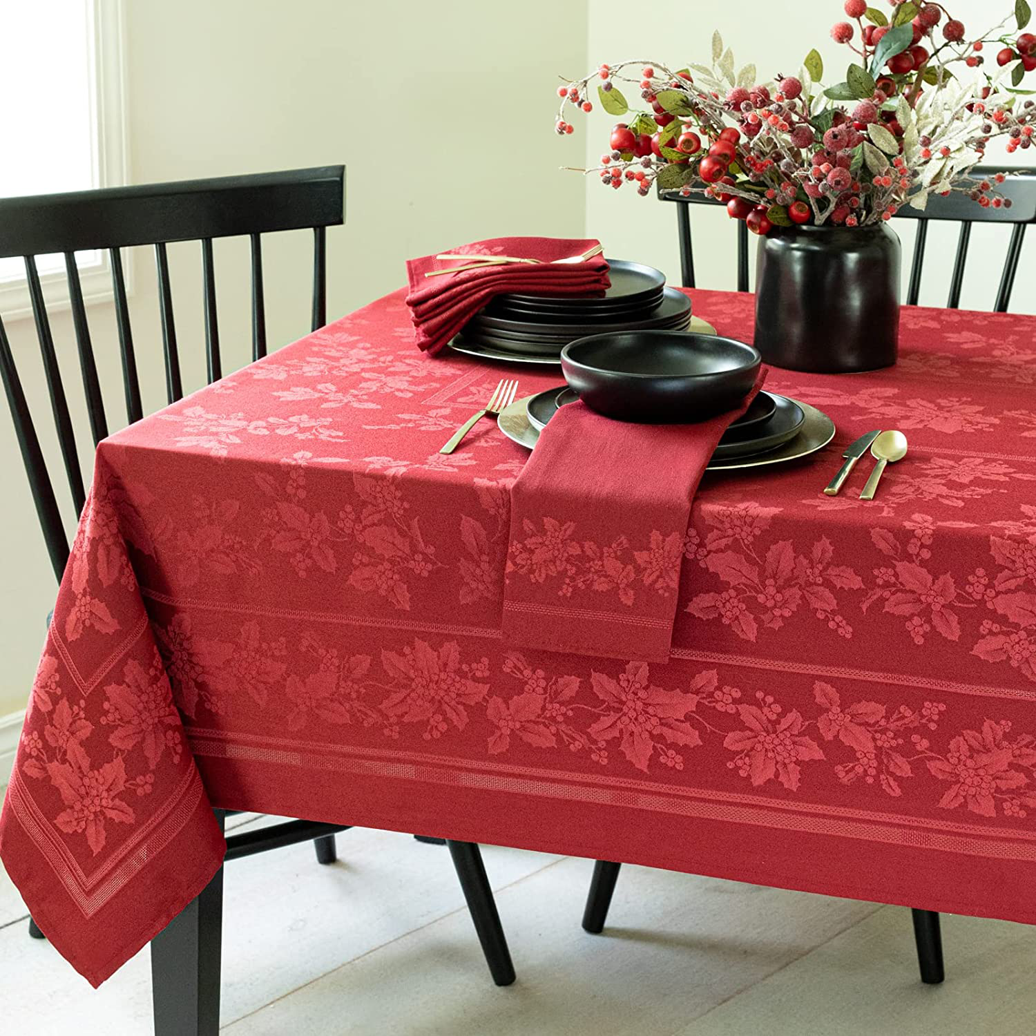 Benson Mills Holiday Elegance Heavyweight Engineered Jacquard Fabric Tablecloth for Christmas, Holiday, and Winter (Red, 60" X 84" Rectangular)