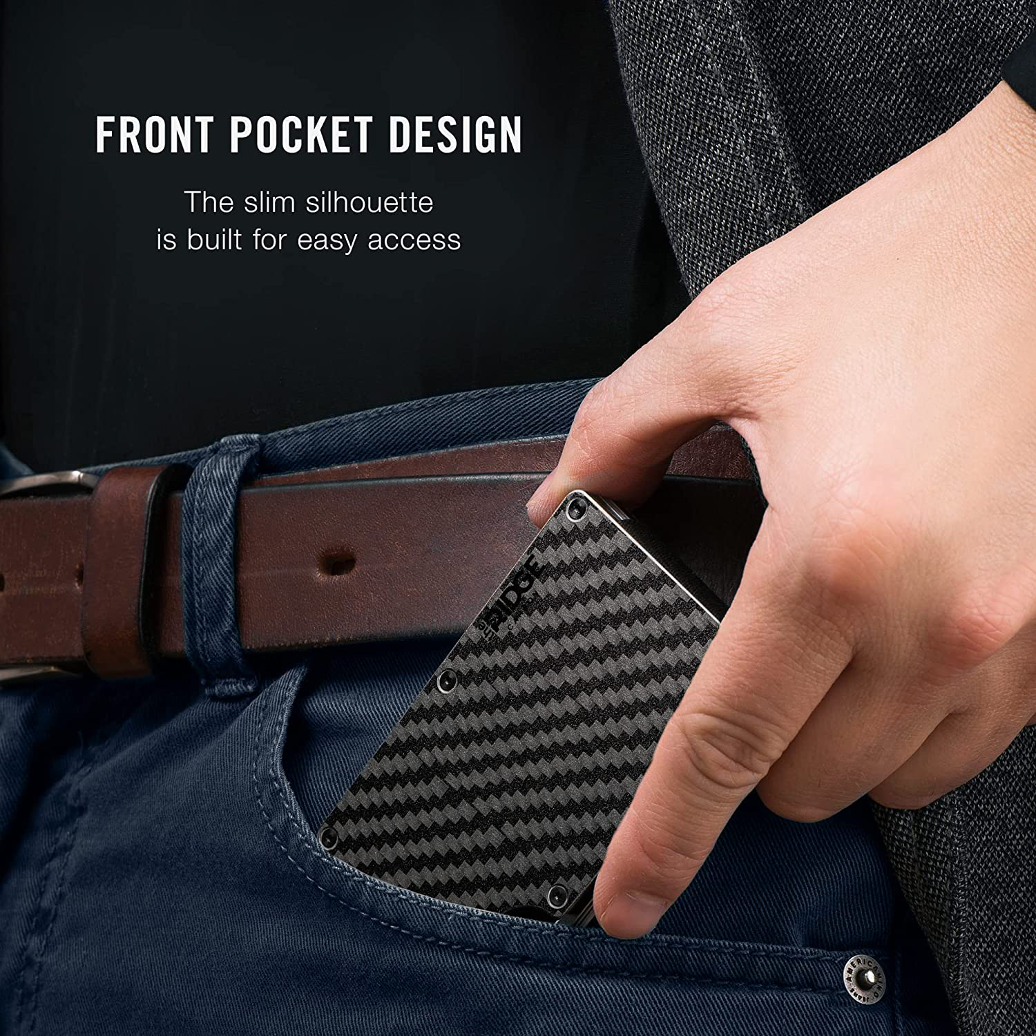 The Ridge Minimalist Slim Wallet for Men - RFID Blocking Front Pocket Credit Card Holder - Metal Small Mens Wallets with Cash Strap (Carbon Fiber)