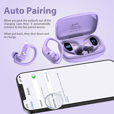 Wireless Earbuds Bluetooth Headphones 48Hrs Play Back Sport Earphones with LED Display Over-Ear Buds with Earhooks Built-In Mic Headset for Workout Purple BMANI-VEAT00L