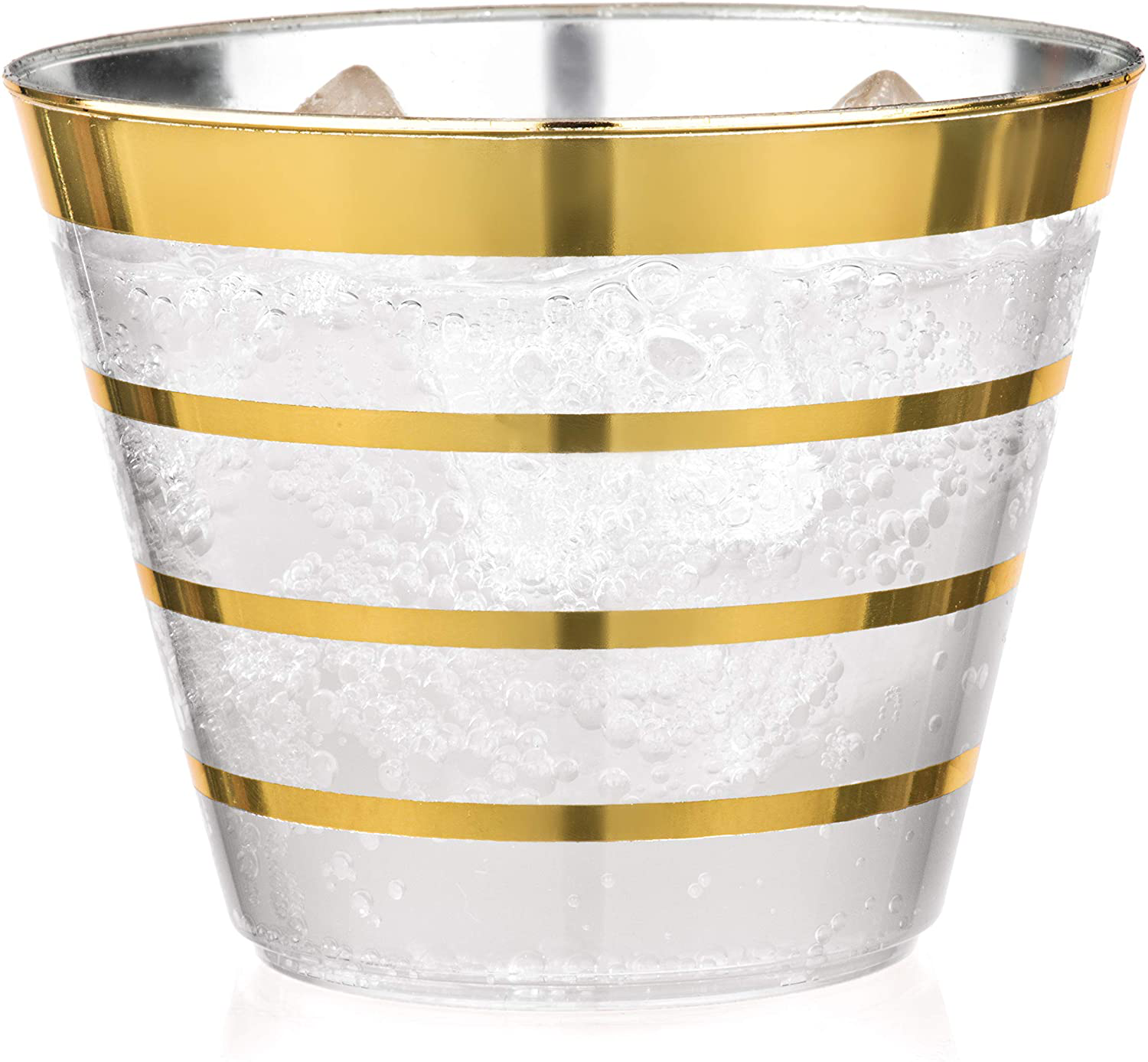 Perfect Settings 110 Premium Gold Rimmed (4 Ring) Clear Plastic Disposable Party Cups 9 Ounce Holiday Gathering or Wedding Party Elegant Disposable Cups