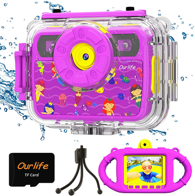 Ourlife Kids Waterproof Camera Gifts for Girls, 1080P HD Digital Video Camera with 2.4'' IPS Screen, Fill Lights, Children Selfie Underwater Camera Toy for Girls 6-15 with TF Card, Silicone Handle