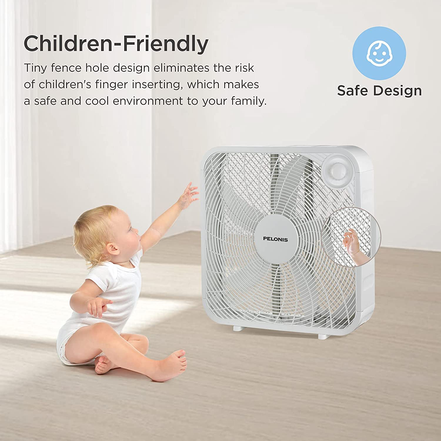 PELONIS PFB50A2BWW 3-Speed Box Fan for Full-Force Circulation with Air Conditioner, White, 2020 New Model
