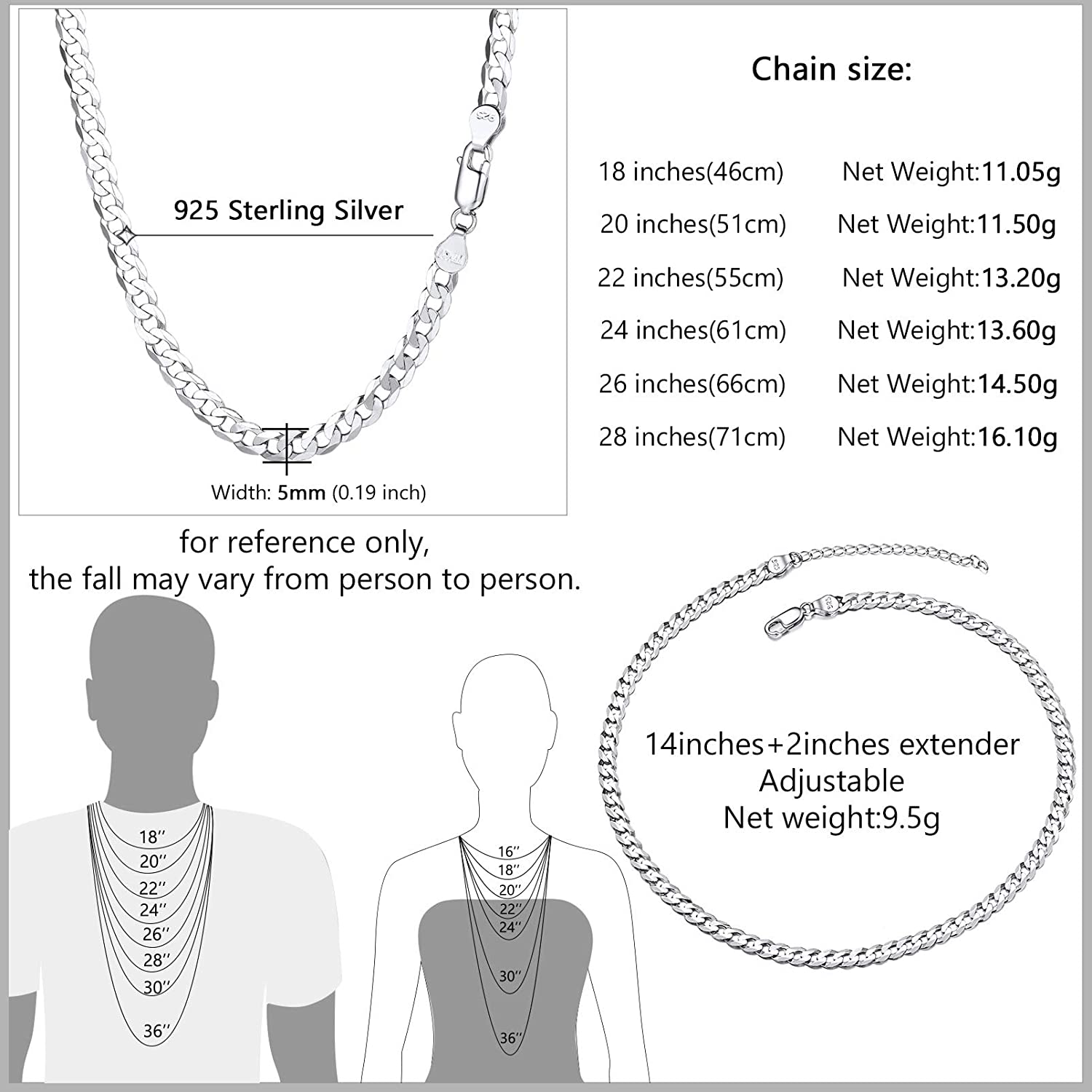 PROSTEEL 925 Sterling Silver Cuban Link Chain/Figaro Chain/Rope Chain, Solid Silver Necklace for Women Men, 14"/18"/20"/22"/24"/26"/28", Come Gift Box