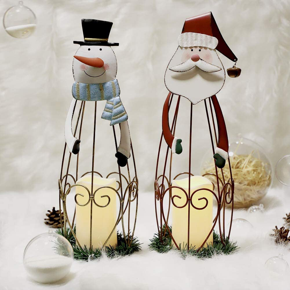 Mortime 2 Pack Christmas Candle Lantern with LED Lights, Metal Lighted Santa Claus Lanterns for Christmas Holiday Home Decorations