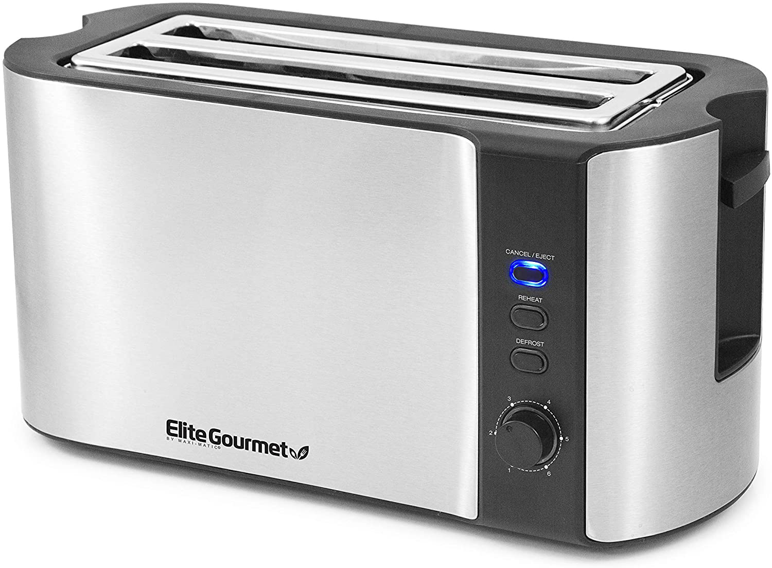 Elite Platinum ECT-3100 Cool Touch Long Slot Toaster with Extra Wide 1.25" Slots for Bagels, 6 Settings, Space Saving Design, Warming Rack, 4 Slice, Stainless Steel & Black