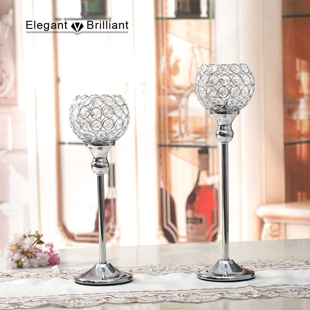 VINCIGANT Silver Crystal Tea Light Candle Holders for Wedding,Sparklers Home Decor Table Centerpieces Candle Stand for Holiday Christmas Housewarming Gift