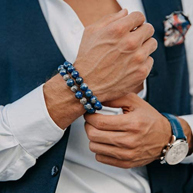 GT Collection Men'S Beaded Bracelet - Wearer with Name, Fame, Fortune, and Money – 100% Natural Wrapped - Gemstones Beaded Bracelet for Men’S Bracelet (Light Blue Apatite Stone)