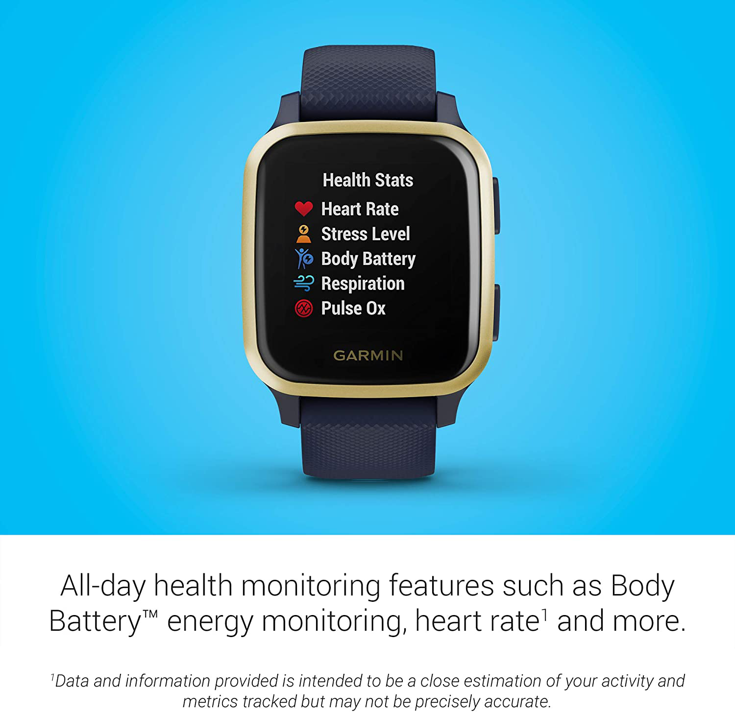 Garmin Venu Sq Music, GPS Smartwatch with Bright Touchscreen Display, Features Music and up to 6 Days of Battery Life, Light Gold and Navy Blue