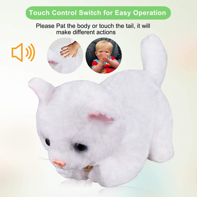 White Plush Cat Stuffed Animal Interactive Cat Robot Toy, Robotic Cat Barking Meow Kitten Touch Control, Electronic Cat Pet, Robot Cat Kitty Toy, Animated Toy Cats for Girls Baby Kids L:12" H:8"