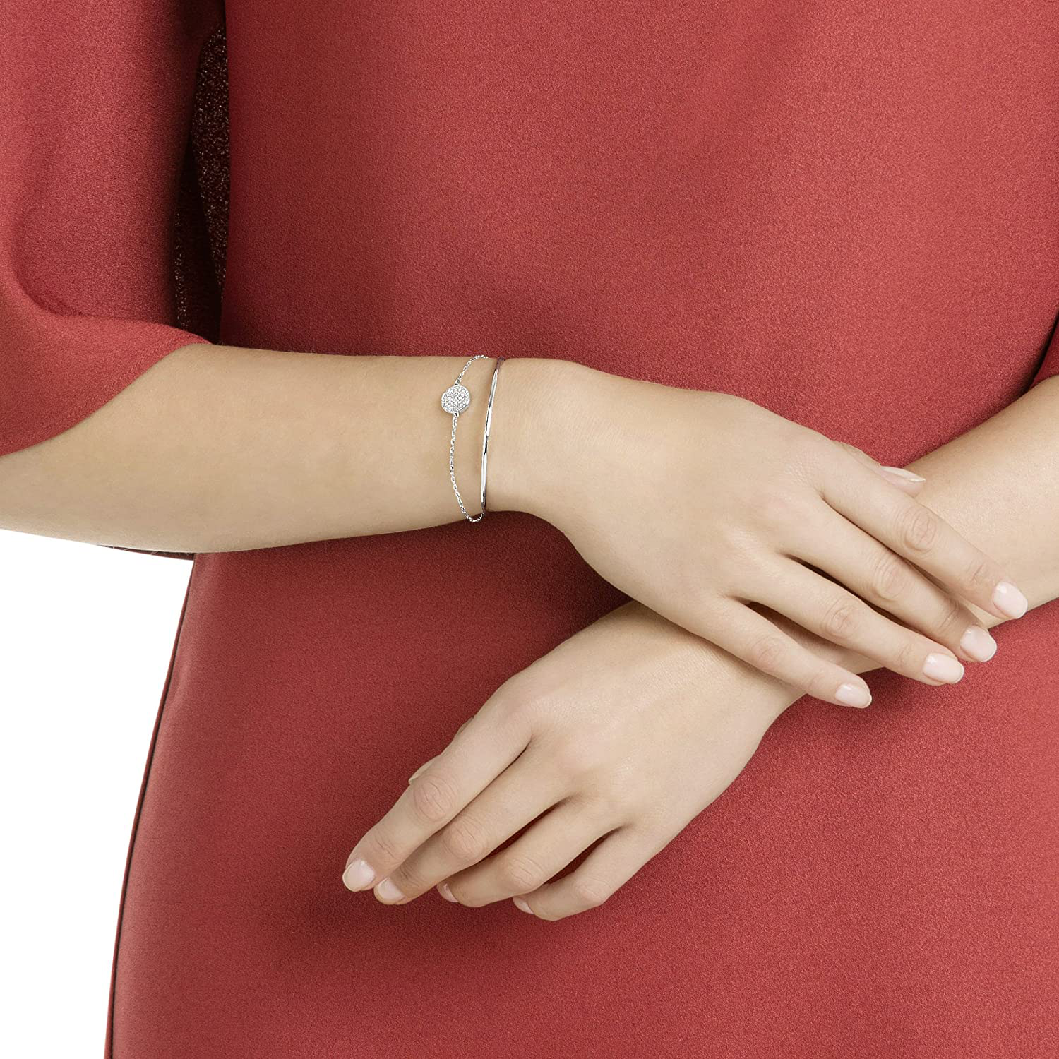 Swarovski Ginger Collection Women'S Bangle Bracelet, Sparkling White Crystals with Rhodium Plated Band and Chain