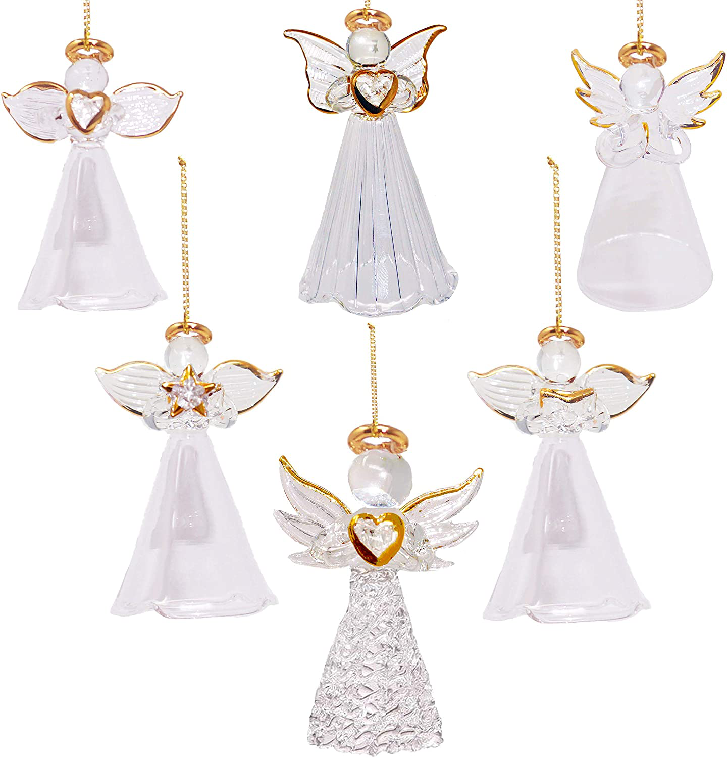 4E'S Novelty Glass Angel Ornaments for Christmas Tree (Set of 24) Assortment of 6 Designs - 2.5 Inch Clear Spun Glass Religious Angel