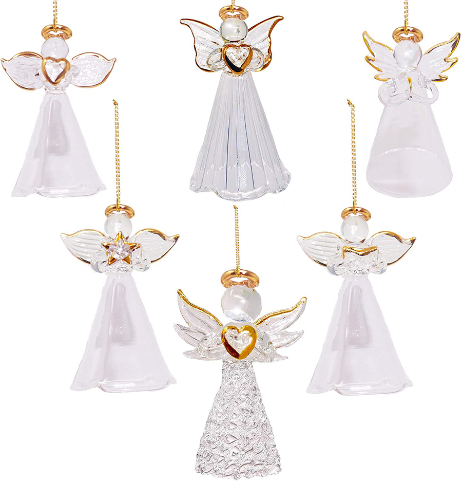 4E'S Novelty Glass Angel Ornaments for Christmas Tree (Set of 24) Assortment of 6 Designs - 2.5 Inch Clear Spun Glass Religious Angel