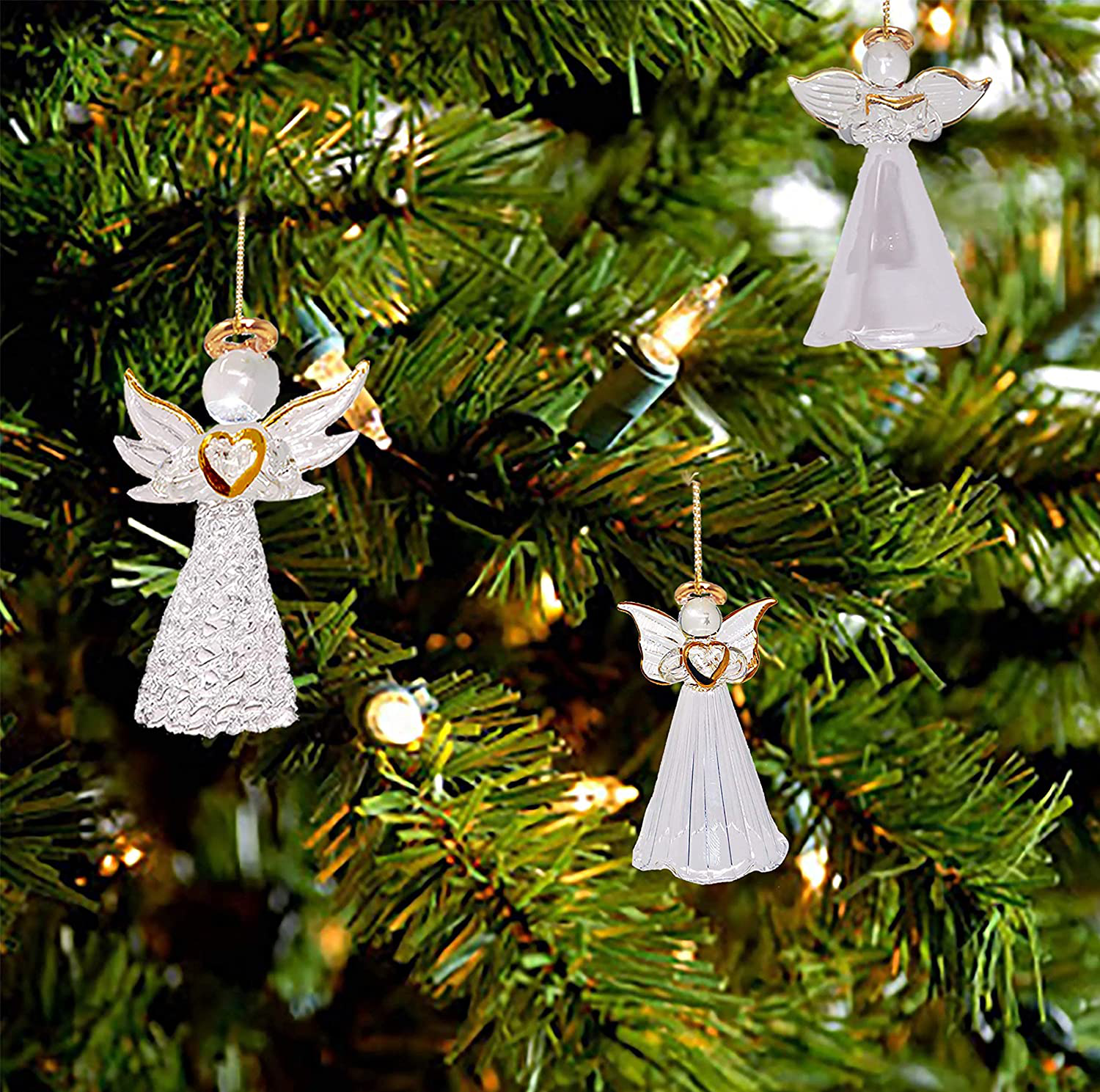 4E'S Novelty Glass Angel Ornaments for Christmas Tree (Set of 12) Assortment of 6 Designs - 2.5 Inch Clear Spun Glass Religious Angel