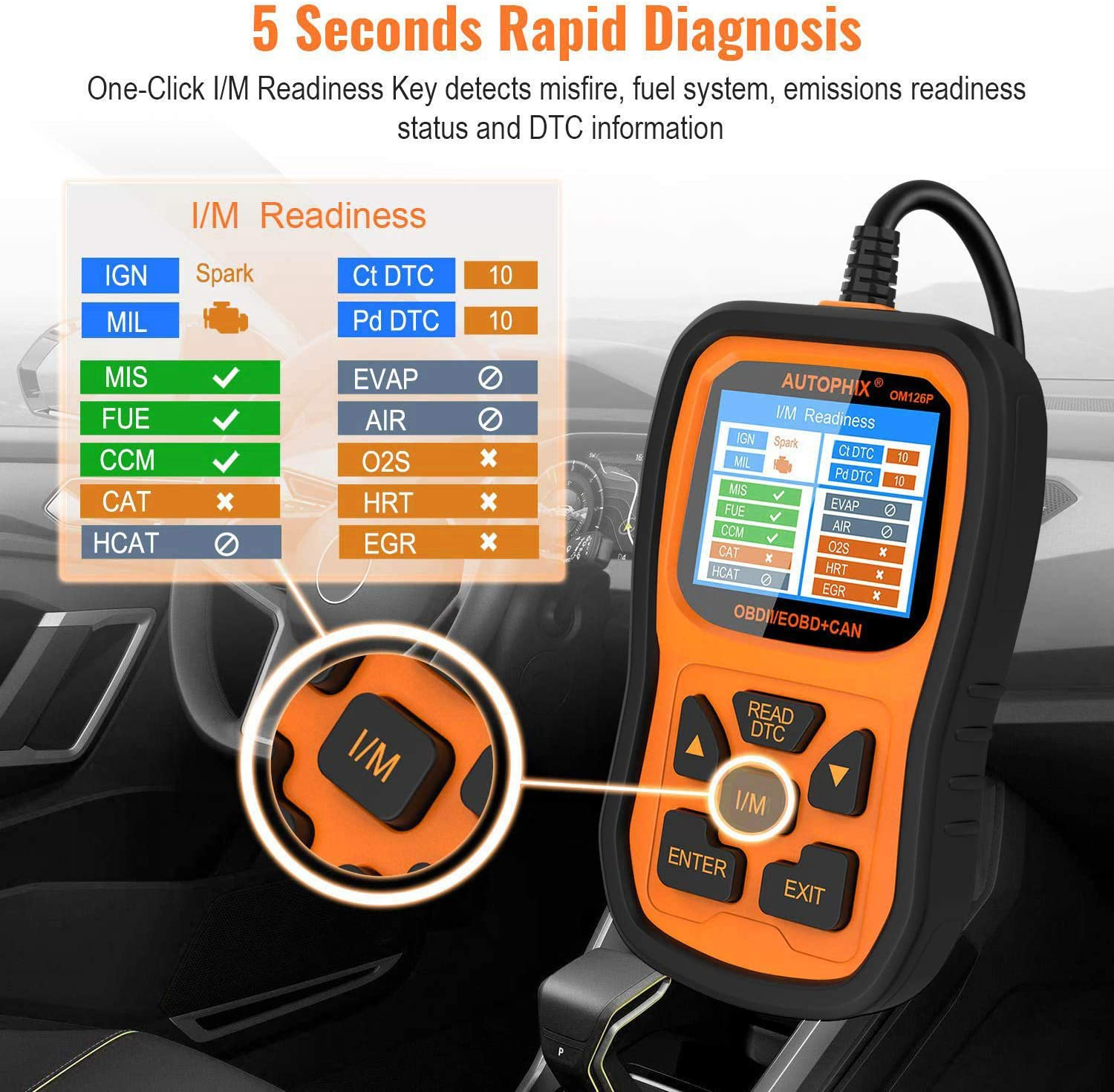 AUTOPHIX OBD2 Scanner Enhanced OM126P Vehicle Code Reader Auto Diagnostic Check Engine Light for All OBDII Car after 1996[Upgrade Version]