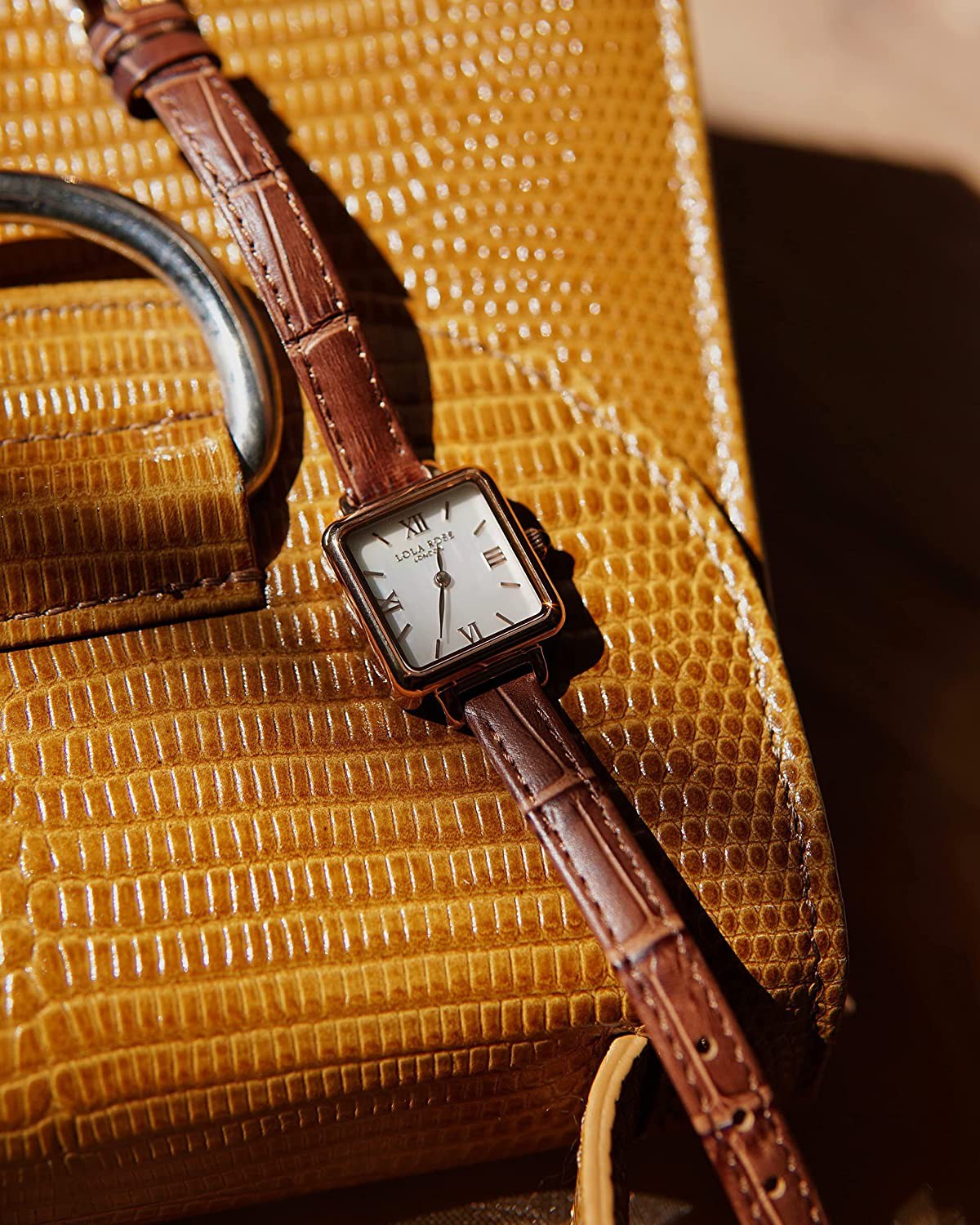 Lola Rose Women'S Natural Gemstone Dial with Genuine Leather Strap Watch