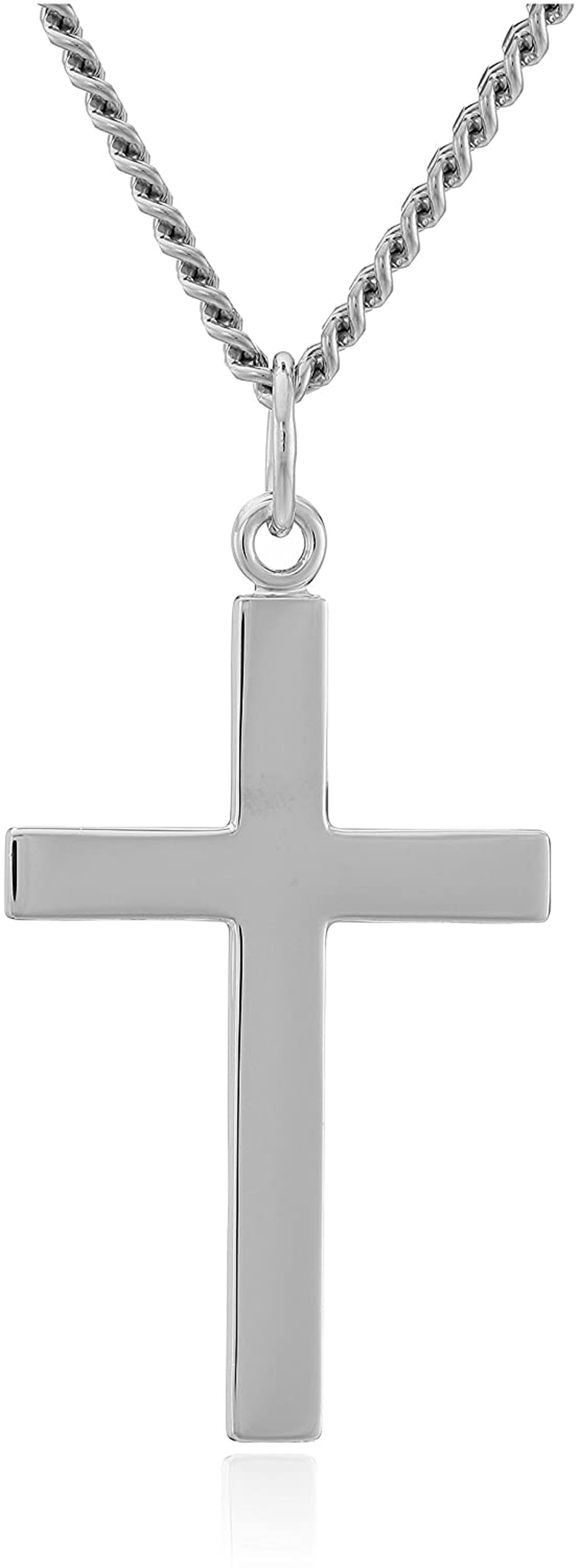 Men'S Sterling Silver Solid Polished Cross with Lord'S Prayer Inscription and Stainless Steel Chain, 24"