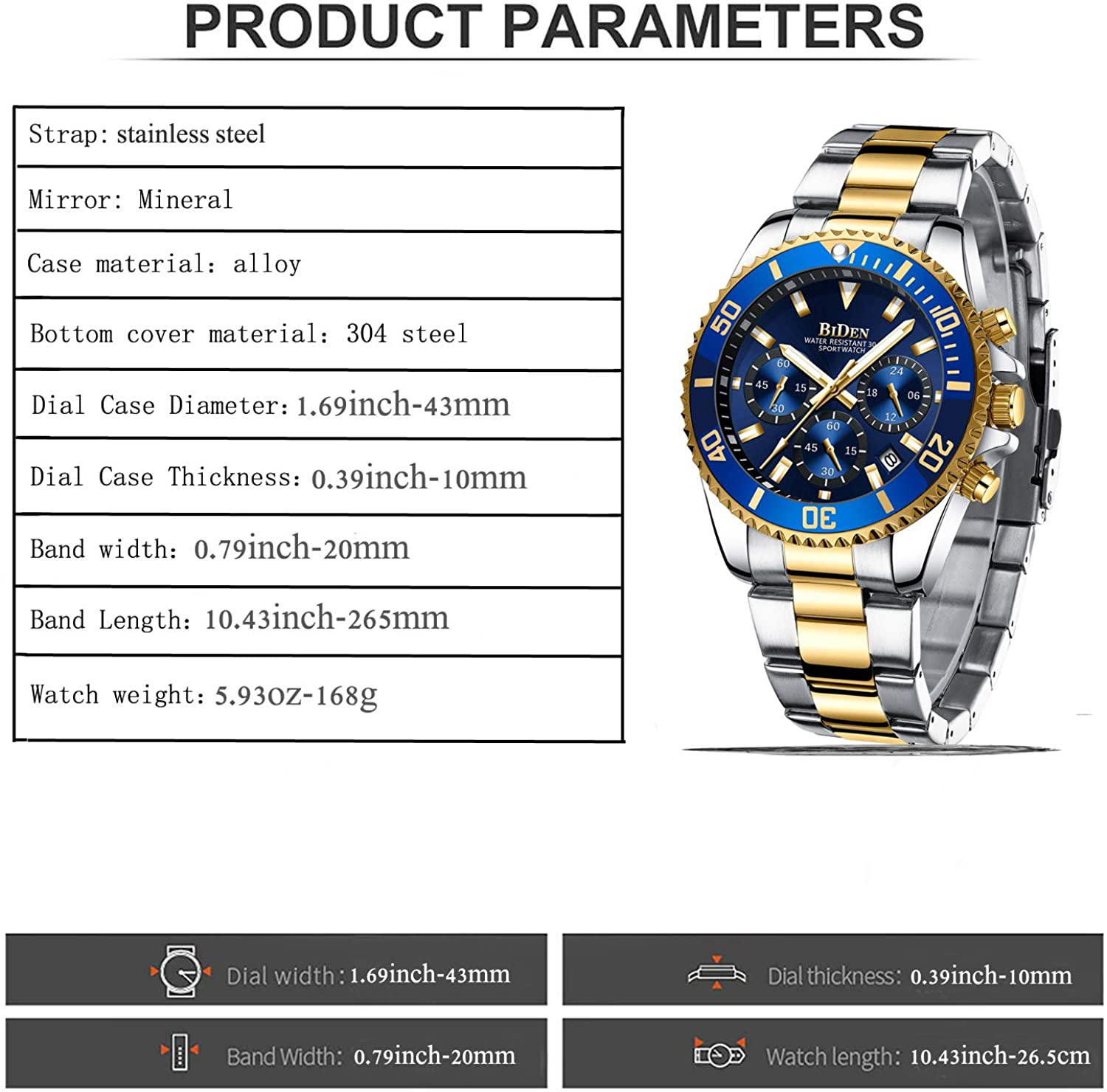 Mens Watches Chronograph Stainless Steel Waterproof Date Analog Quartz Watch Business Wrist Watches for Men